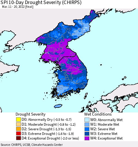 Korea SPI 10-Day Drought Severity (CHIRPS) Thematic Map For 3/11/2022 - 3/20/2022