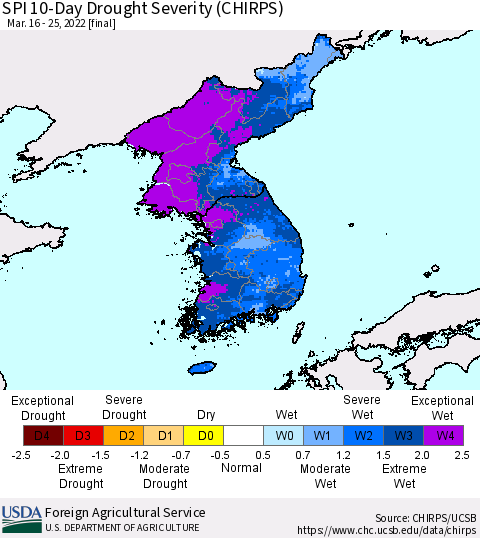 Korea SPI 10-Day Drought Severity (CHIRPS) Thematic Map For 3/16/2022 - 3/25/2022
