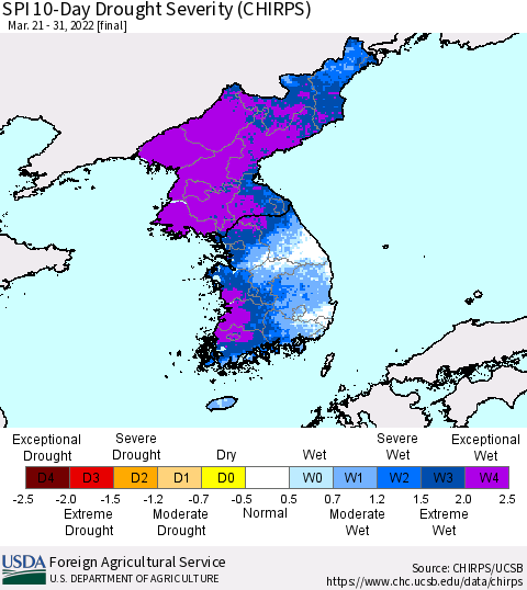 Korea SPI 10-Day Drought Severity (CHIRPS) Thematic Map For 3/21/2022 - 3/31/2022