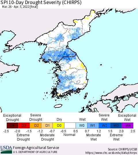 Korea SPI 10-Day Drought Severity (CHIRPS) Thematic Map For 3/26/2022 - 4/5/2022