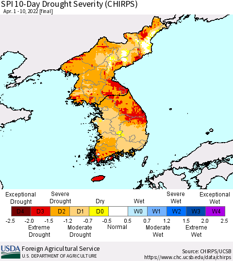Korea SPI 10-Day Drought Severity (CHIRPS) Thematic Map For 4/1/2022 - 4/10/2022