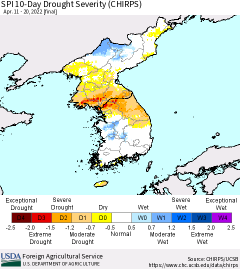 Korea SPI 10-Day Drought Severity (CHIRPS) Thematic Map For 4/11/2022 - 4/20/2022