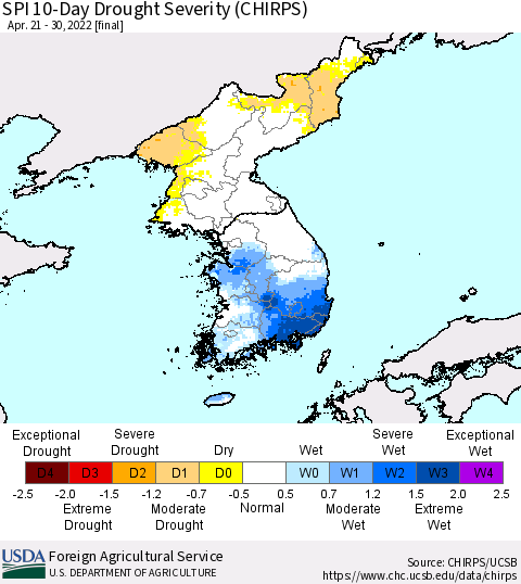 Korea SPI 10-Day Drought Severity (CHIRPS) Thematic Map For 4/21/2022 - 4/30/2022