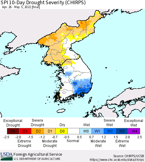 Korea SPI 10-Day Drought Severity (CHIRPS) Thematic Map For 4/26/2022 - 5/5/2022