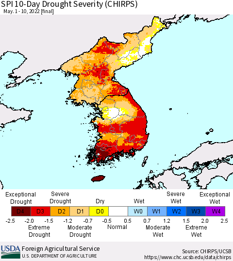 Korea SPI 10-Day Drought Severity (CHIRPS) Thematic Map For 5/1/2022 - 5/10/2022