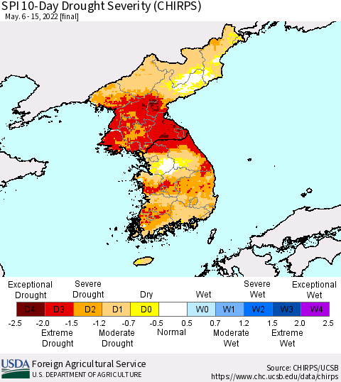 Korea SPI 10-Day Drought Severity (CHIRPS) Thematic Map For 5/6/2022 - 5/15/2022