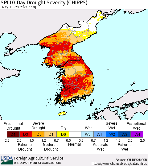 Korea SPI 10-Day Drought Severity (CHIRPS) Thematic Map For 5/11/2022 - 5/20/2022