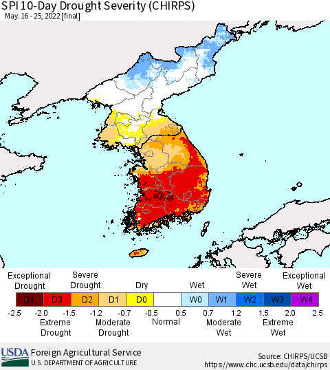 Korea SPI 10-Day Drought Severity (CHIRPS) Thematic Map For 5/16/2022 - 5/25/2022