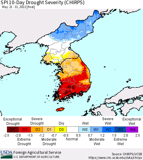 Korea SPI 10-Day Drought Severity (CHIRPS) Thematic Map For 5/21/2022 - 5/31/2022