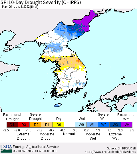 Korea SPI 10-Day Drought Severity (CHIRPS) Thematic Map For 5/26/2022 - 6/5/2022