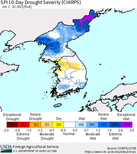 Korea SPI 10-Day Drought Severity (CHIRPS) Thematic Map For 6/1/2022 - 6/10/2022