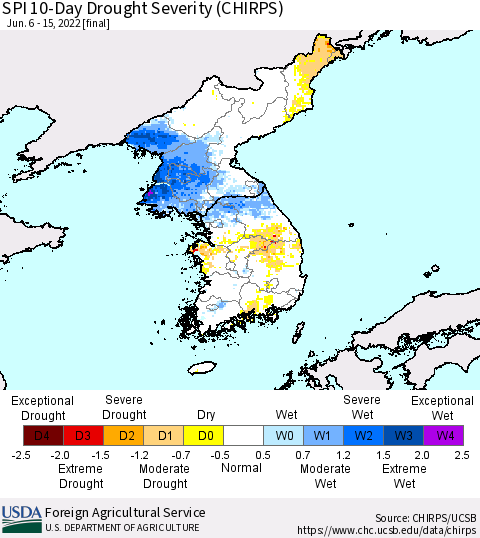 Korea SPI 10-Day Drought Severity (CHIRPS) Thematic Map For 6/6/2022 - 6/15/2022