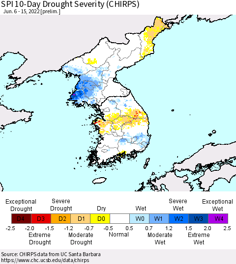 Korea SPI 10-Day Drought Severity (CHIRPS) Thematic Map For 6/6/2022 - 6/15/2022