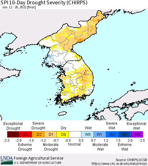 Korea SPI 10-Day Drought Severity (CHIRPS) Thematic Map For 6/11/2022 - 6/20/2022