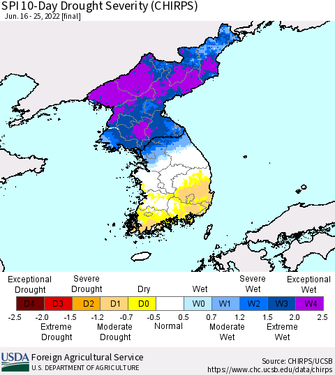 Korea SPI 10-Day Drought Severity (CHIRPS) Thematic Map For 6/16/2022 - 6/25/2022