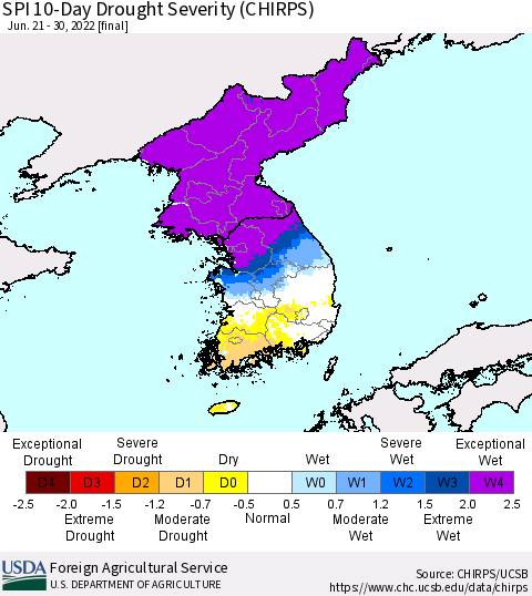Korea SPI 10-Day Drought Severity (CHIRPS) Thematic Map For 6/21/2022 - 6/30/2022