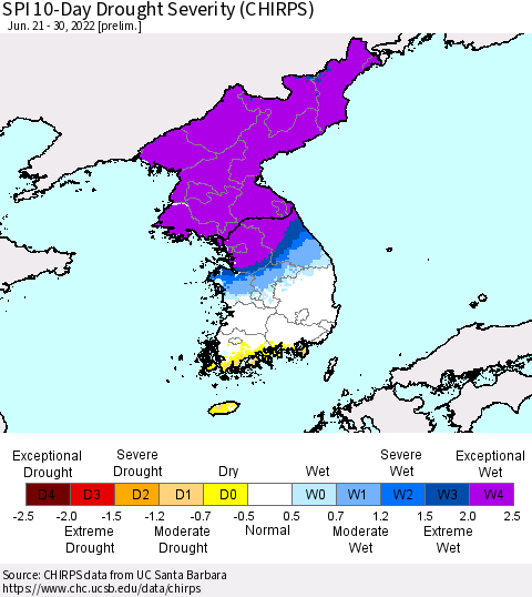 Korea SPI 10-Day Drought Severity (CHIRPS) Thematic Map For 6/21/2022 - 6/30/2022