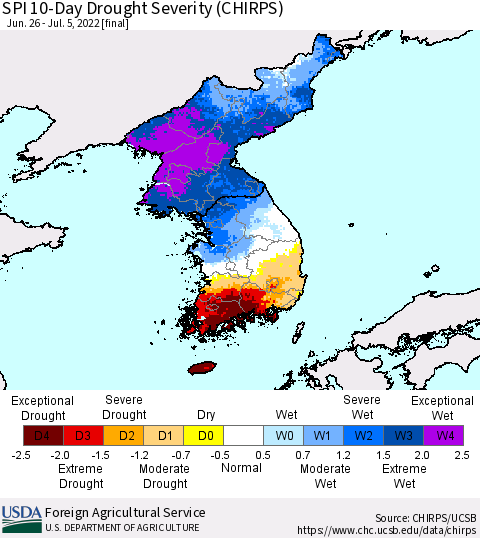 Korea SPI 10-Day Drought Severity (CHIRPS) Thematic Map For 6/26/2022 - 7/5/2022