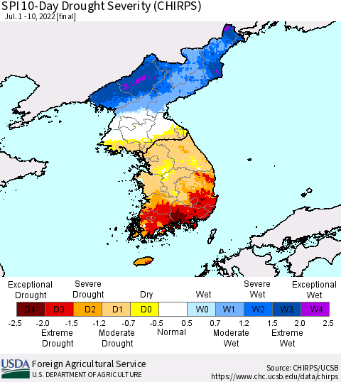 Korea SPI 10-Day Drought Severity (CHIRPS) Thematic Map For 7/1/2022 - 7/10/2022