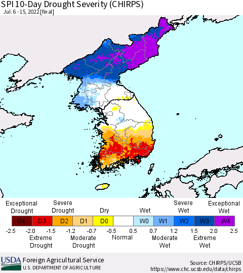 Korea SPI 10-Day Drought Severity (CHIRPS) Thematic Map For 7/6/2022 - 7/15/2022