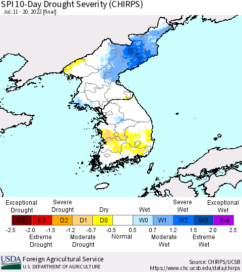 Korea SPI 10-Day Drought Severity (CHIRPS) Thematic Map For 7/11/2022 - 7/20/2022