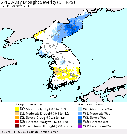 Korea SPI 10-Day Drought Severity (CHIRPS) Thematic Map For 7/11/2022 - 7/20/2022