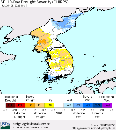 Korea SPI 10-Day Drought Severity (CHIRPS) Thematic Map For 7/16/2022 - 7/25/2022