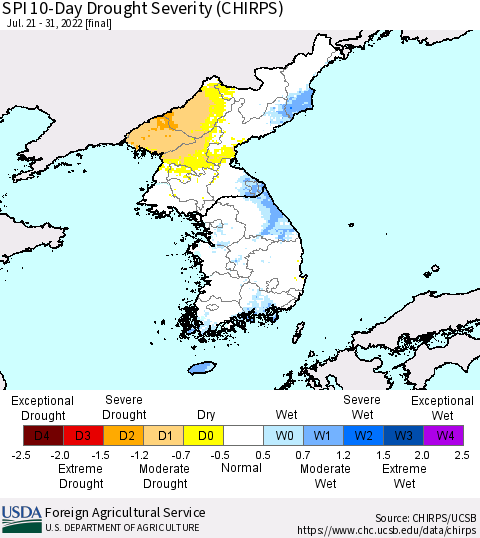 Korea SPI 10-Day Drought Severity (CHIRPS) Thematic Map For 7/21/2022 - 7/31/2022
