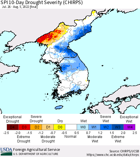 Korea SPI 10-Day Drought Severity (CHIRPS) Thematic Map For 7/26/2022 - 8/5/2022