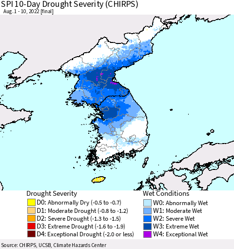 Korea SPI 10-Day Drought Severity (CHIRPS) Thematic Map For 8/1/2022 - 8/10/2022