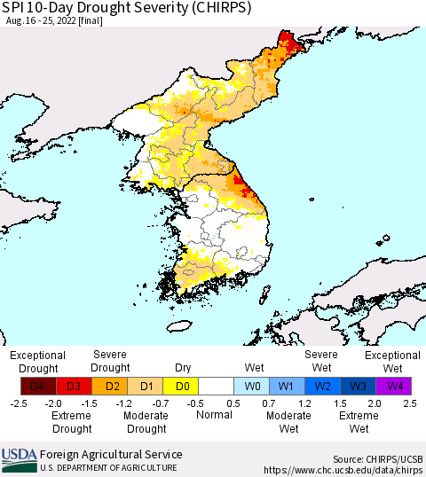 Korea SPI 10-Day Drought Severity (CHIRPS) Thematic Map For 8/16/2022 - 8/25/2022