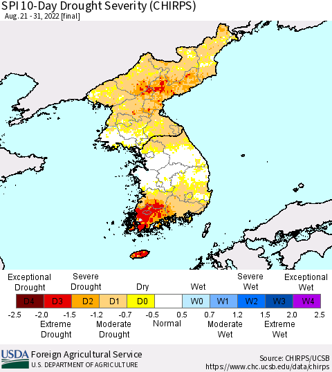 Korea SPI 10-Day Drought Severity (CHIRPS) Thematic Map For 8/21/2022 - 8/31/2022