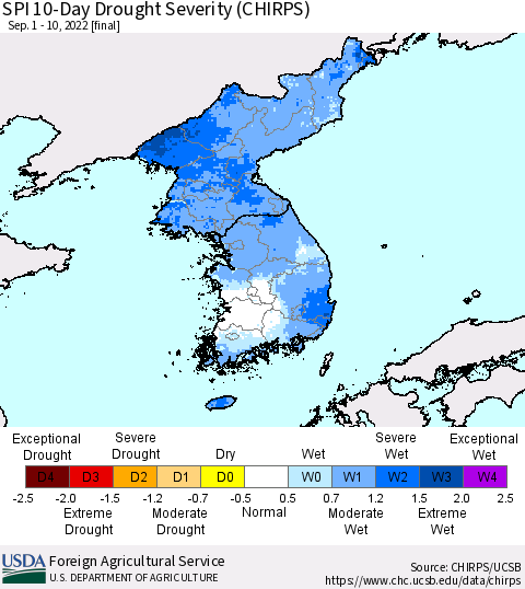 Korea SPI 10-Day Drought Severity (CHIRPS) Thematic Map For 9/1/2022 - 9/10/2022