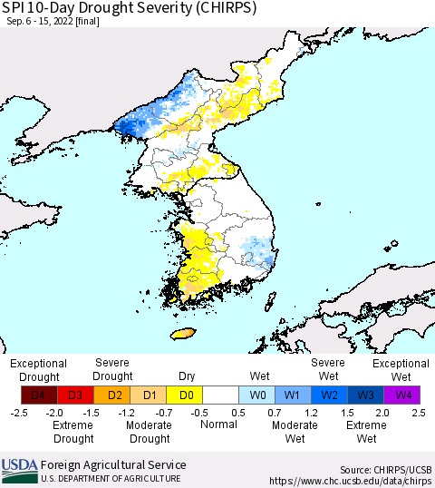 Korea SPI 10-Day Drought Severity (CHIRPS) Thematic Map For 9/6/2022 - 9/15/2022
