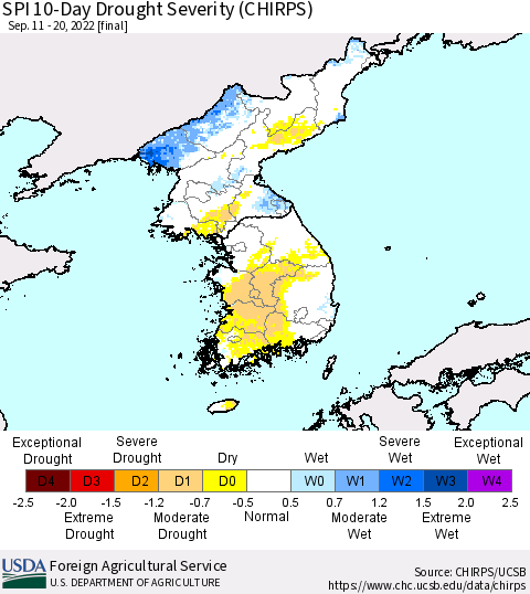 Korea SPI 10-Day Drought Severity (CHIRPS) Thematic Map For 9/11/2022 - 9/20/2022