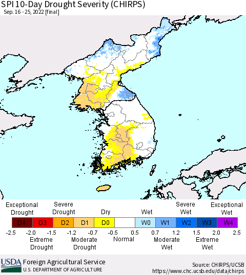 Korea SPI 10-Day Drought Severity (CHIRPS) Thematic Map For 9/16/2022 - 9/25/2022