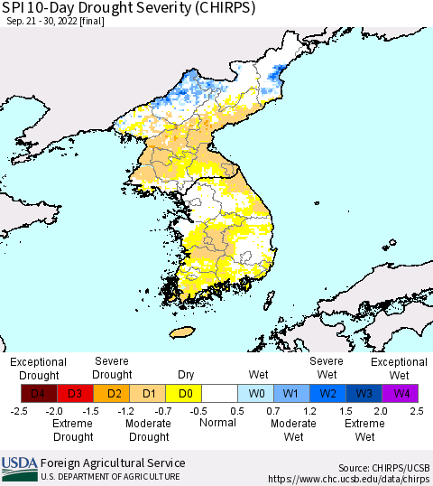 Korea SPI 10-Day Drought Severity (CHIRPS) Thematic Map For 9/21/2022 - 9/30/2022