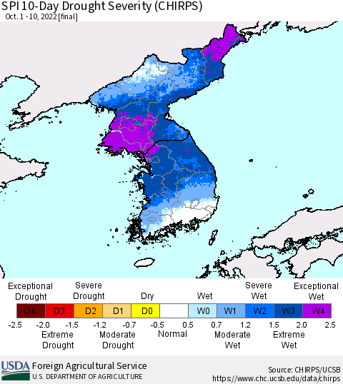 Korea SPI 10-Day Drought Severity (CHIRPS) Thematic Map For 10/1/2022 - 10/10/2022