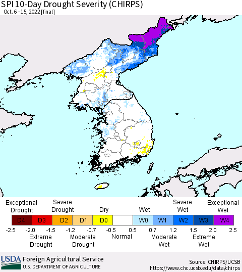 Korea SPI 10-Day Drought Severity (CHIRPS) Thematic Map For 10/6/2022 - 10/15/2022