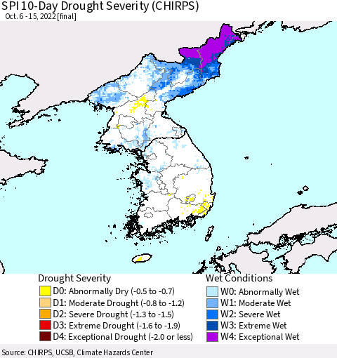 Korea SPI 10-Day Drought Severity (CHIRPS) Thematic Map For 10/6/2022 - 10/15/2022