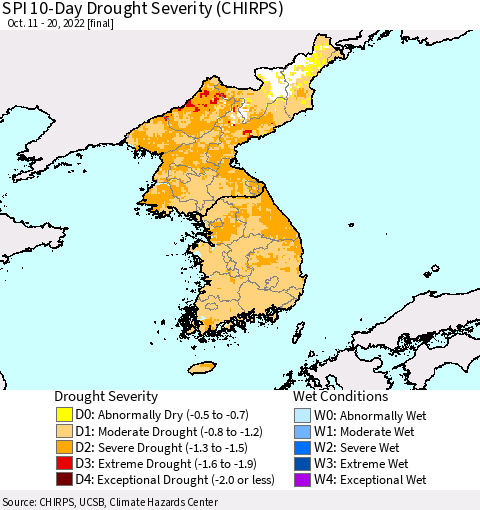 Korea SPI 10-Day Drought Severity (CHIRPS) Thematic Map For 10/11/2022 - 10/20/2022