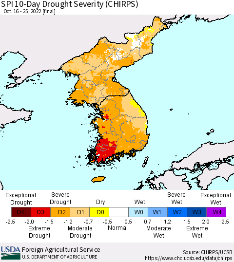 Korea SPI 10-Day Drought Severity (CHIRPS) Thematic Map For 10/16/2022 - 10/25/2022