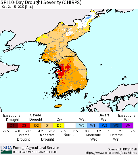 Korea SPI 10-Day Drought Severity (CHIRPS) Thematic Map For 10/21/2022 - 10/31/2022