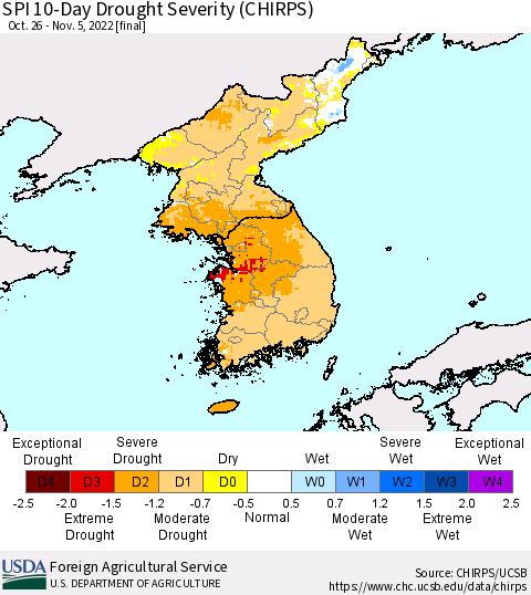Korea SPI 10-Day Drought Severity (CHIRPS) Thematic Map For 10/26/2022 - 11/5/2022