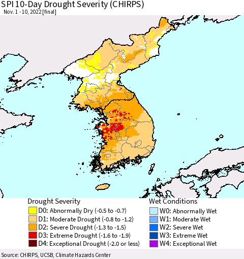 Korea SPI 10-Day Drought Severity (CHIRPS) Thematic Map For 11/1/2022 - 11/10/2022