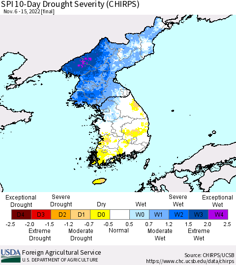 Korea SPI 10-Day Drought Severity (CHIRPS) Thematic Map For 11/6/2022 - 11/15/2022