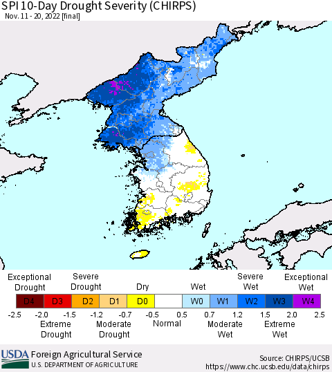 Korea SPI 10-Day Drought Severity (CHIRPS) Thematic Map For 11/11/2022 - 11/20/2022