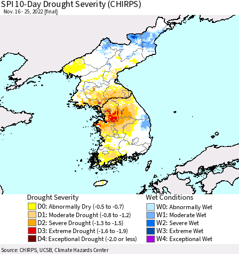 Korea SPI 10-Day Drought Severity (CHIRPS) Thematic Map For 11/16/2022 - 11/25/2022