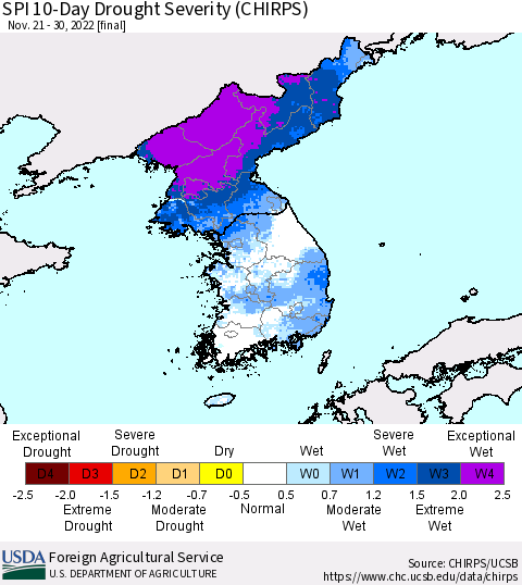 Korea SPI 10-Day Drought Severity (CHIRPS) Thematic Map For 11/21/2022 - 11/30/2022
