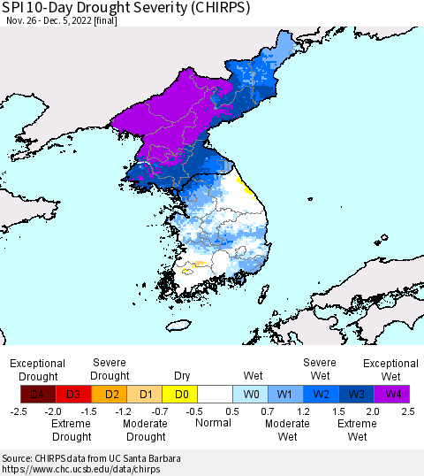 Korea SPI 10-Day Drought Severity (CHIRPS) Thematic Map For 11/26/2022 - 12/5/2022